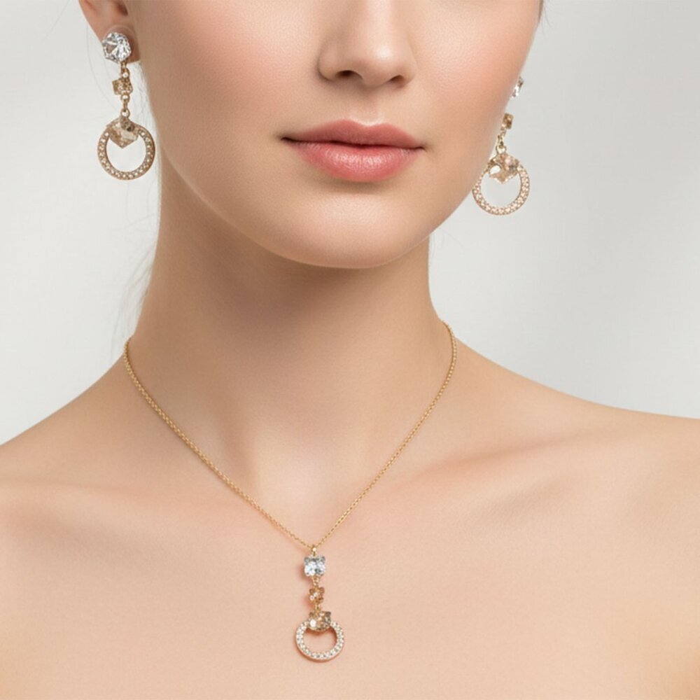 Swarovski Crystal Geometric Cube & Pavé Circle Gold Plated Necklace Earring Set